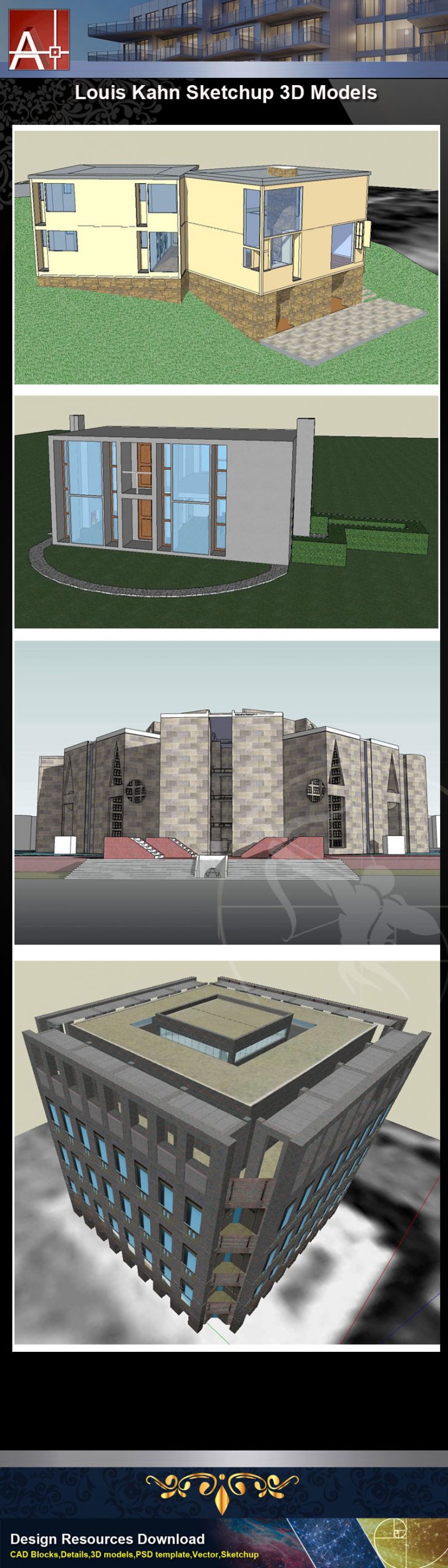 【建築大師Sketchup Models-Louis Kahn  路易斯·康 精選7件建築3D模型】