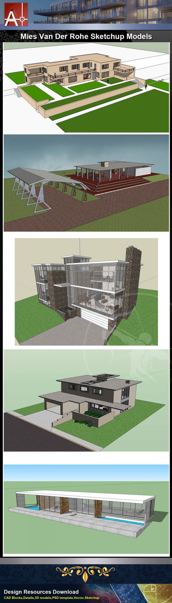 【建築大師Sketchup Models-Mies Van Der Rohe 路德維希·密斯·凡德羅 精選17件建築3D模型】