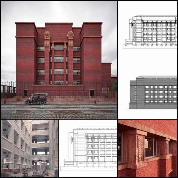 【世界知名建築案例研究CAD設計施工圖】拉金行政辦公樓Larkin building-法蘭克·洛伊·萊特 Frank Lloyd Wright